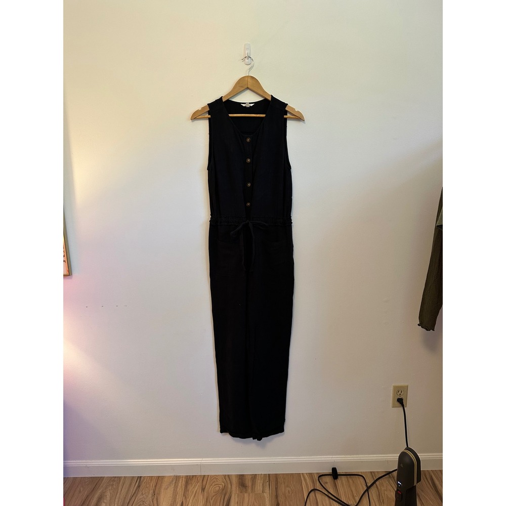 Splendid Black Viscose and Linen Blend Button Front Sleeveless Jumpsuit | XS